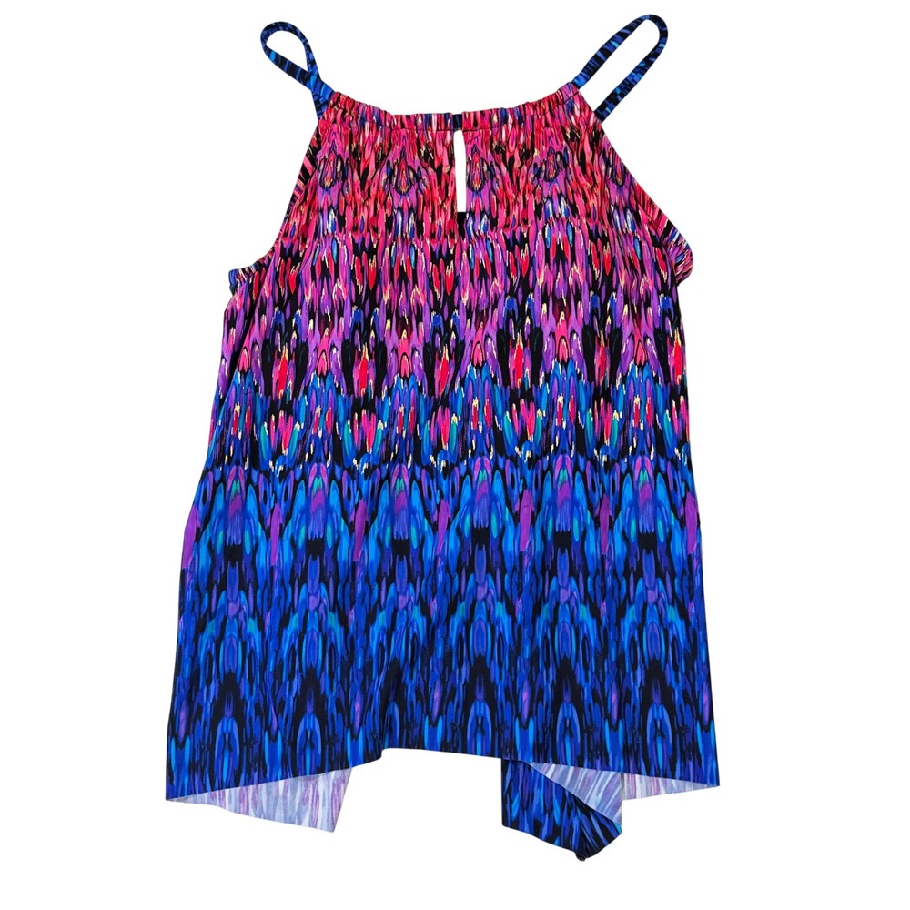 NEW Miraclesuit Tankini Top Women Size 10 Multi Blue Purple High Neck Slimming